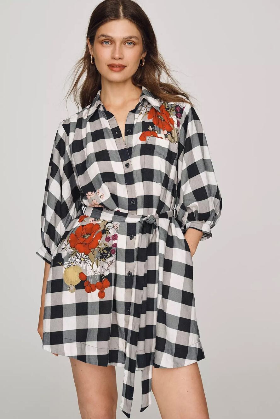 nwt ANTHROPOLOGIE MAEVE sz XL The Mona Linen Blend checked floral shirt dress